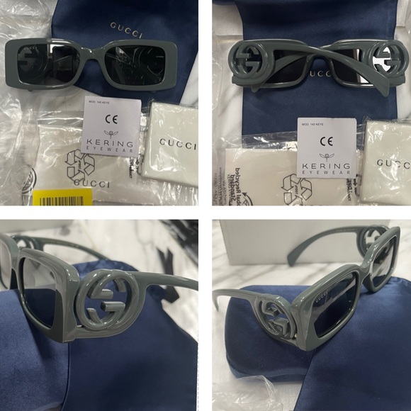 GUCCI 2023 RECTANGLE IN A SMOKE GREEN COLOR WITH MAXI BOLD “GG” LOGO SUNGLASSES - Picture 9 of 16